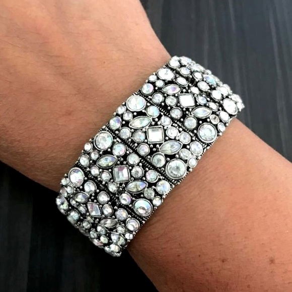 Unmarked Jewelry - Silver-Tone & Rhinestone Stretch Panel Bracelet
